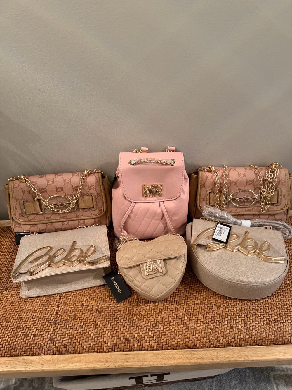 Lot of bebe handbags Pink and Beige Mini Handbag Set with Gold Accents